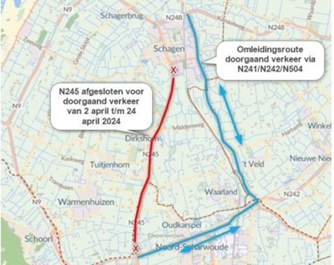 Asfaltwerkzaamheden N245 van 2 april t/m 24 april 2024 - gemeente Schagen