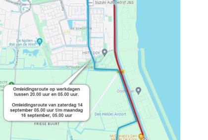 Deel N250 Rijksweg tussen 26 augustus en 16 september 2024 afgesloten in de avond en nacht - gemeente Den Helder
