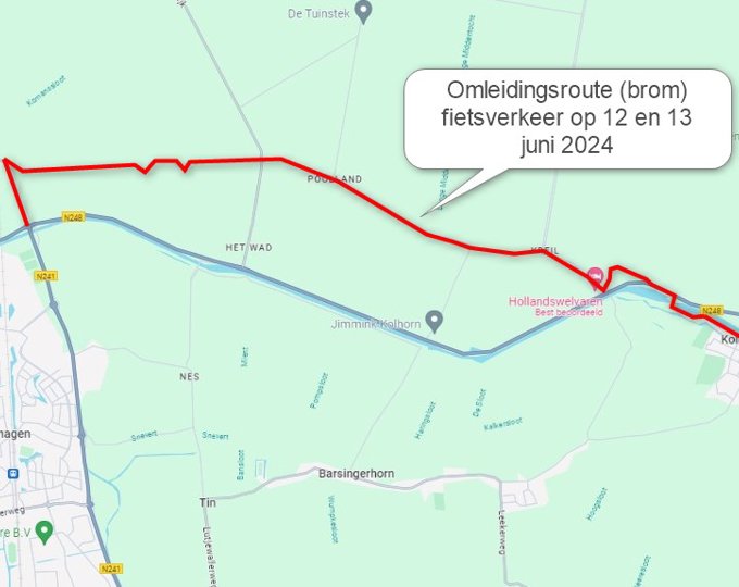 Fietspadherstel N248 - fietspad tussen Schagen en Kolhorn afgesloten op 12 en 13 juni 2024 Fietspadherstel N248 - fietspad tussen Schagen en Kolhorn afgesloten op 12 en 13 juni 2024