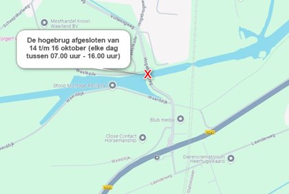 De hogebrug (Hogebrugweg, nabij Waarland) afgesloten van 14 t/m 16 oktober 2024 (07.00 - 16.00 uur) - gemeente Schagen