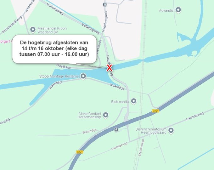 De hogebrug (Hogebrugweg, nabij Waarland) afgesloten van 14 t/m 16 oktober 2024 (07.00 - 16.00 uur) - gemeente Schagen De hogebrug (Hogebrugweg, nabij Waarland) afgesloten van 14 t/m 16 oktober 2024 (07.00 - 16.00 uur) - gemeente Schagen