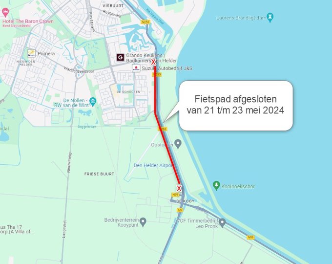 Fietspadherstel N250 - Fietspad tussen Ravelijnweg en kruising N250/N99 afgesloten van 21 t/m 23 mei Fietspadherstel N250 - Fietspad tussen Ravelijnweg en kruising N250/N99 afgesloten van 21 t/m 23 mei
