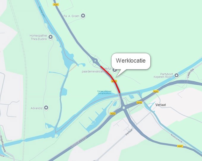 N241 tussen rotonde Oude Verlaatweg en rotonde N241/N242 afgesloten in de avond en nacht van 12 op 13 november 2024 N241 tussen rotonde Oude Verlaatweg en rotonde N241/N242 afgesloten in de avond en nacht van 12 op 13 november 2024